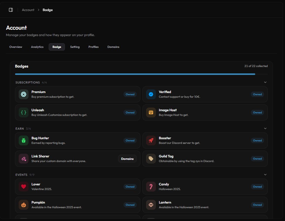 The Badge page listing badge groups and which ones you own