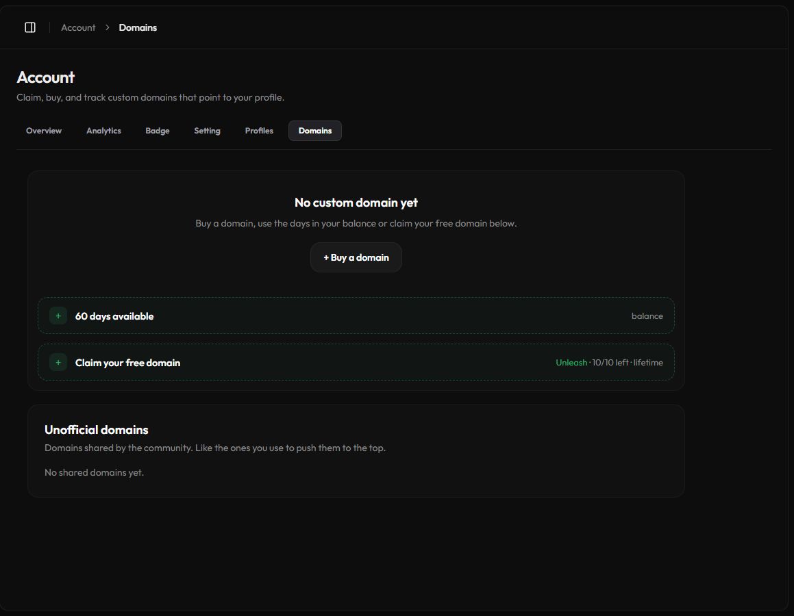 The Domains page with a connected domain, its status, SSL and plan