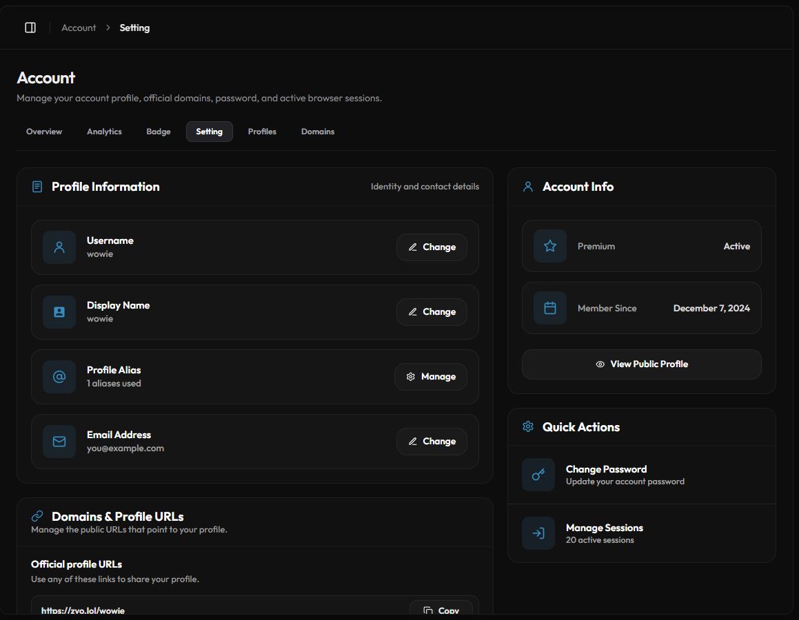 The Setting page with Profile Information, Account Info and Quick Actions