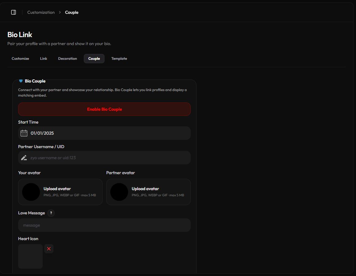 The Bio Couple settings with start time, partner and avatars