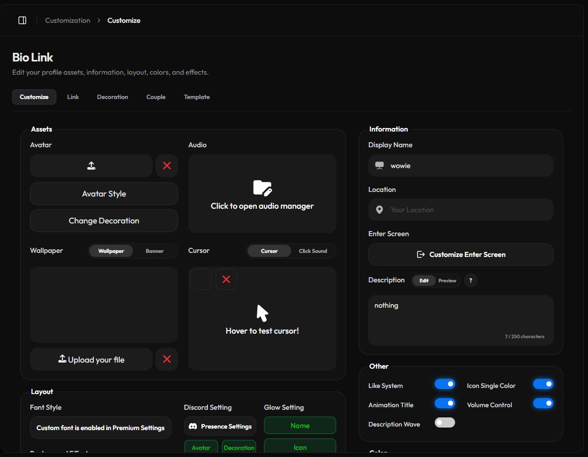 The Customize page with the Assets and Information sections