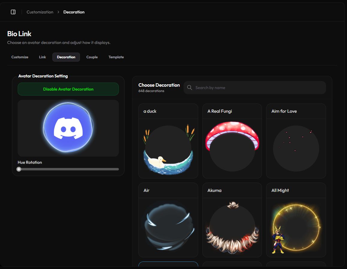 The Decoration page with a preview and the decoration library