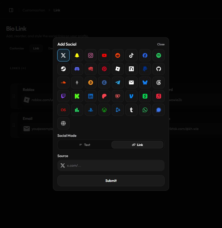 The Add Social popup with platform icons, Social Mode and Source