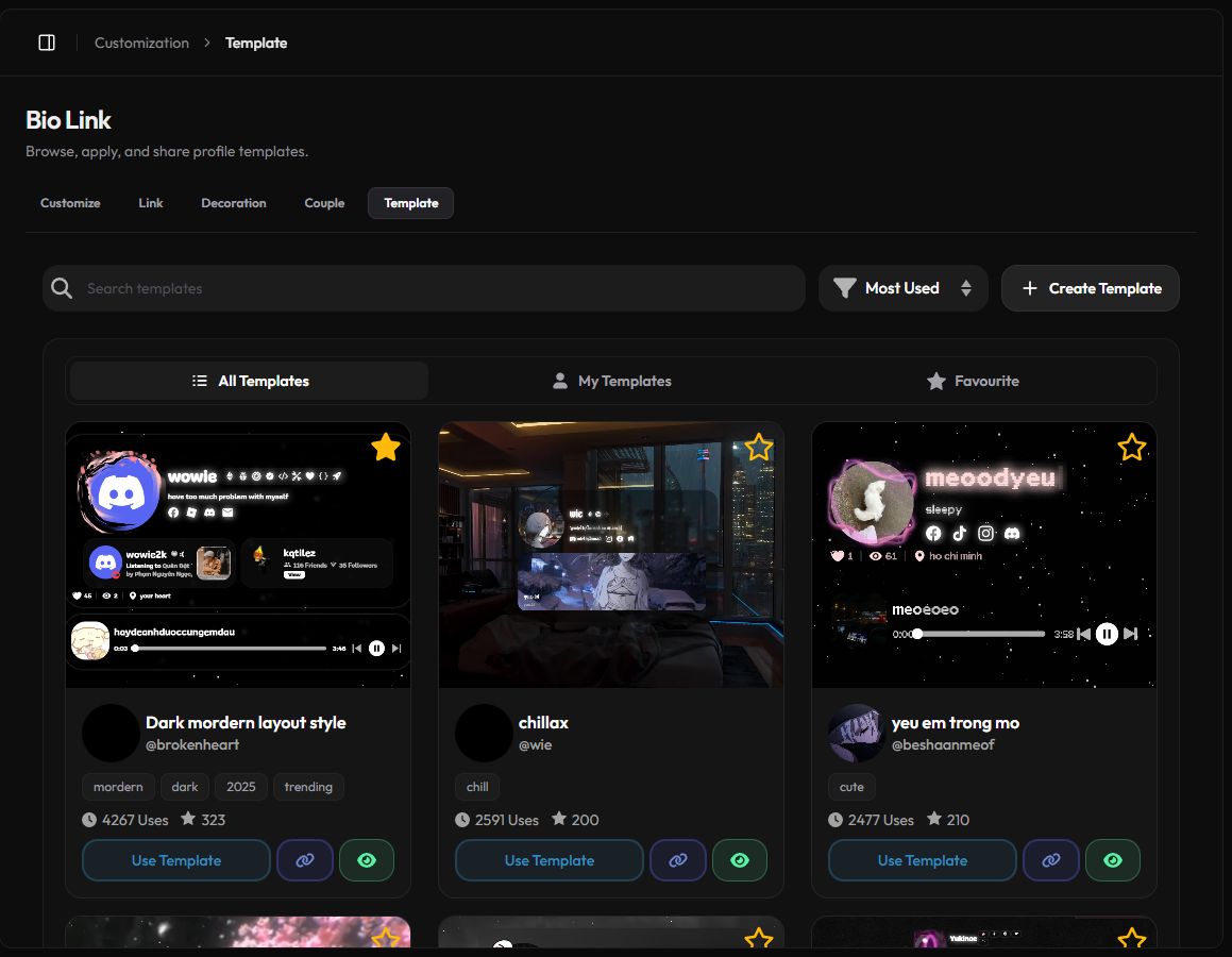 The Templates page with search, sorting and template cards