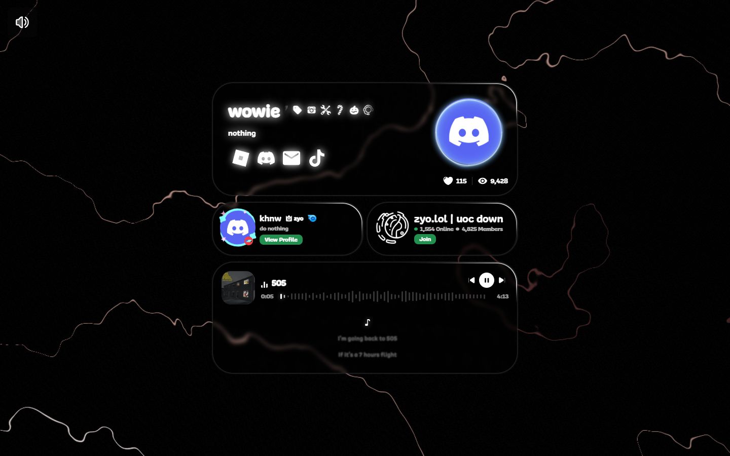 A public zyo.lol profile with avatar, badges, social icons and widgets