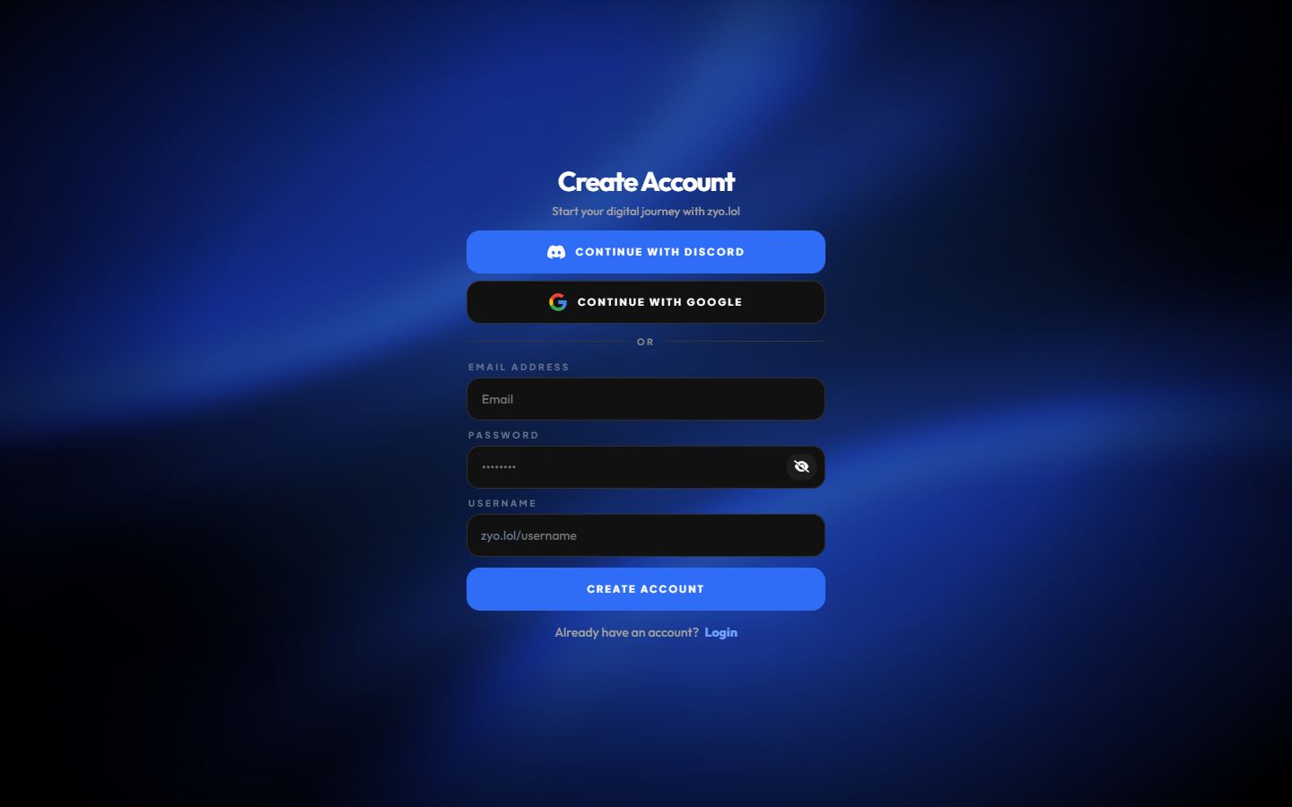 The zyo.lol Create Account page