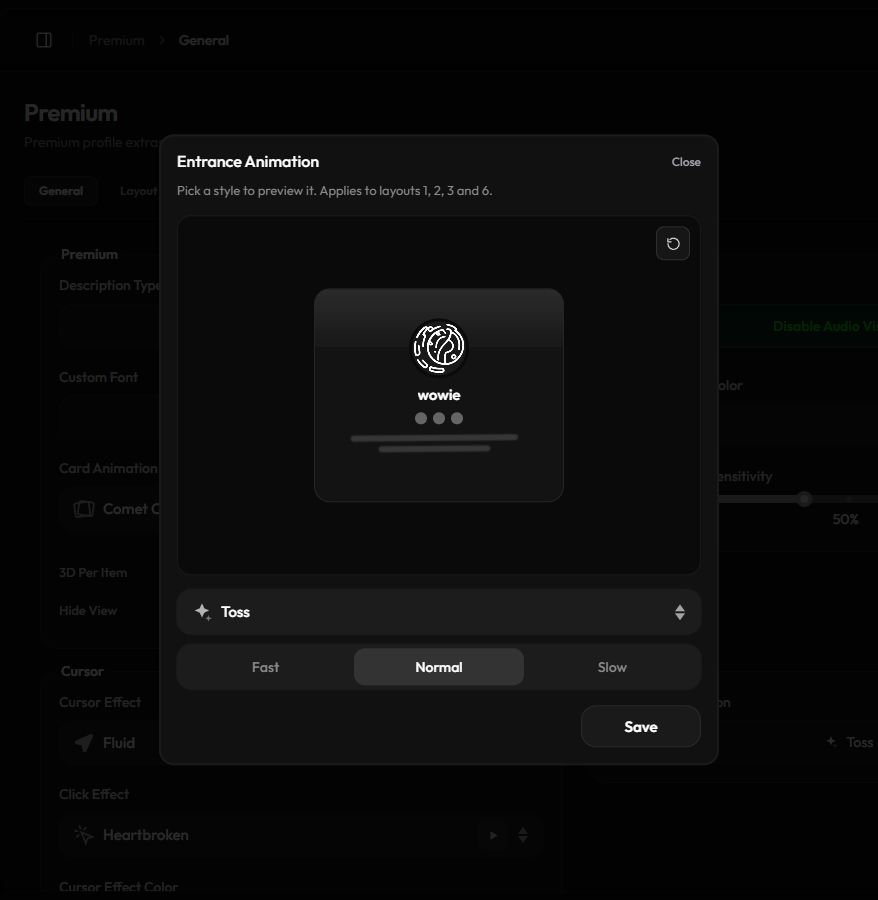 The Entrance Animation popup with a preview card