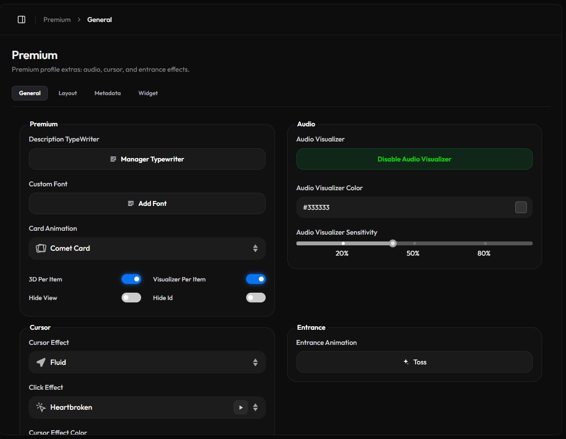 The Premium General page with the Premium, Audio, Cursor and Entrance cards