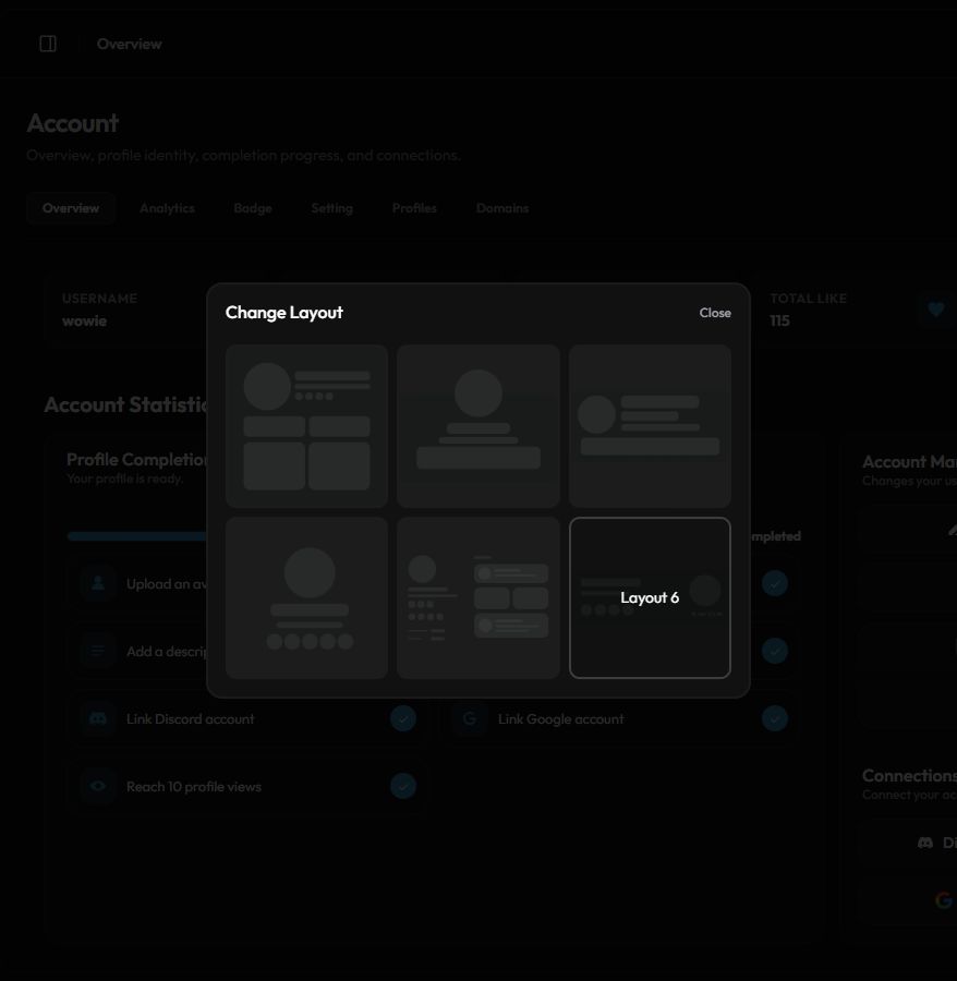 The Change Layout popup with six layout previews