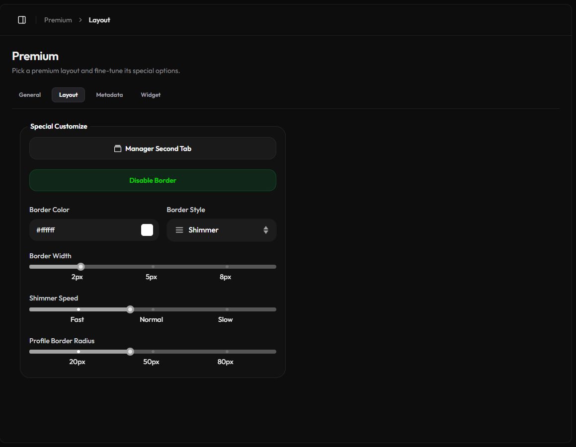 The Premium Layout page with border and radius settings