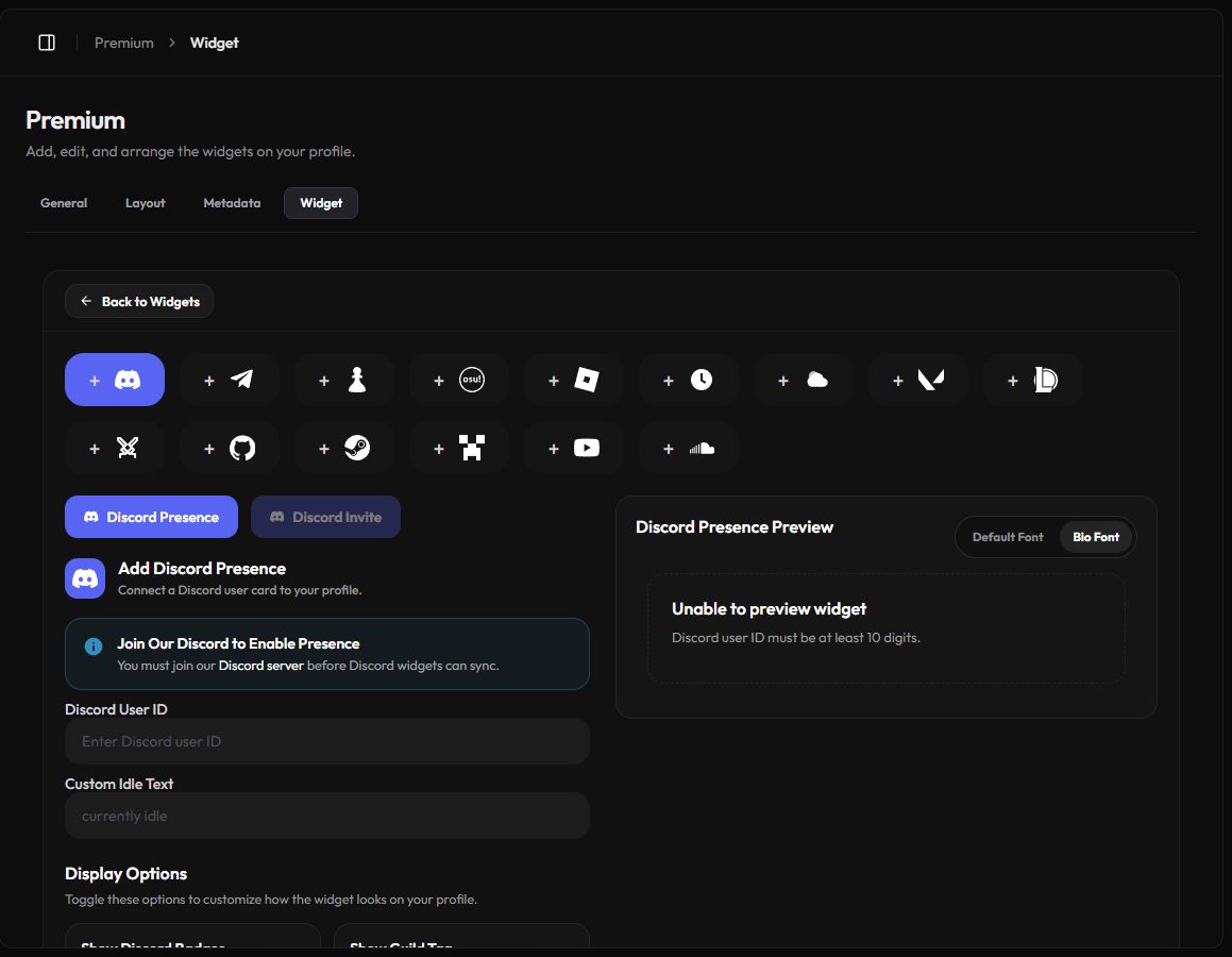 The widget builder with the service icons and a live preview