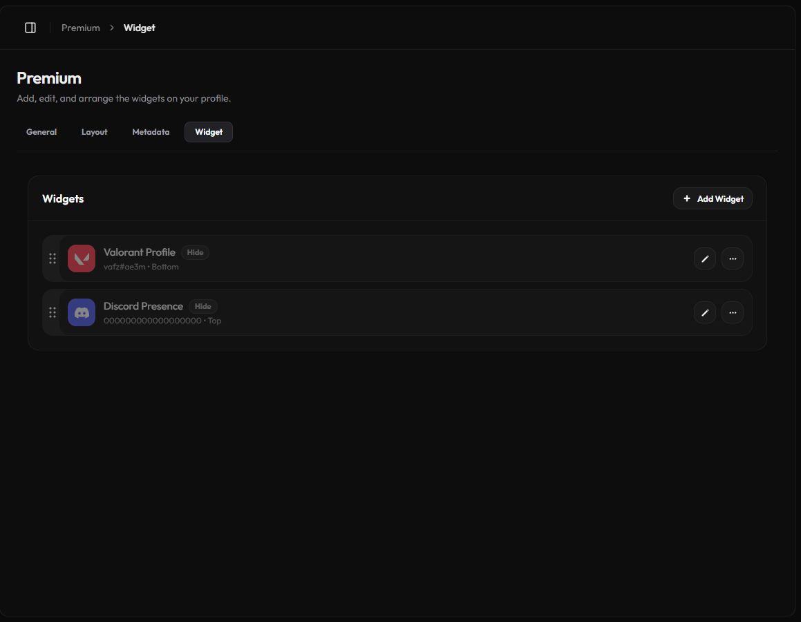 The Widgets list with several widgets and the Add Widget button