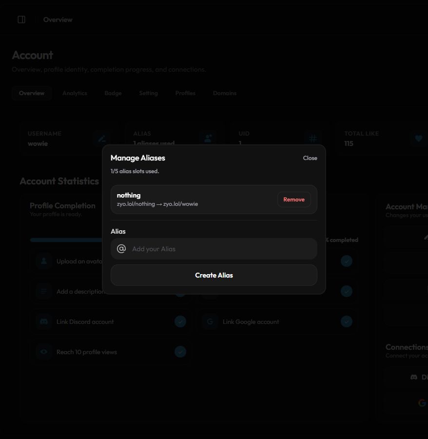 The Manage Aliases popup with one alias and the Create Alias button