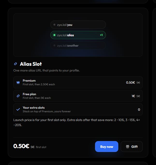 The Alias Slot card on the pricing page
