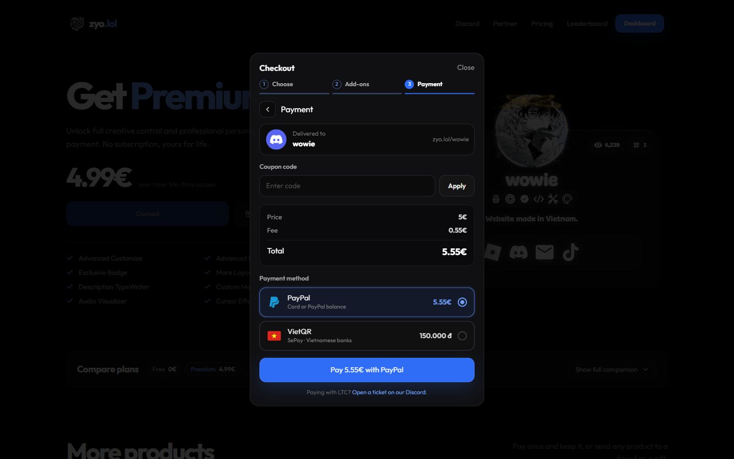 The Payment step with coupon field, summary and payment methods