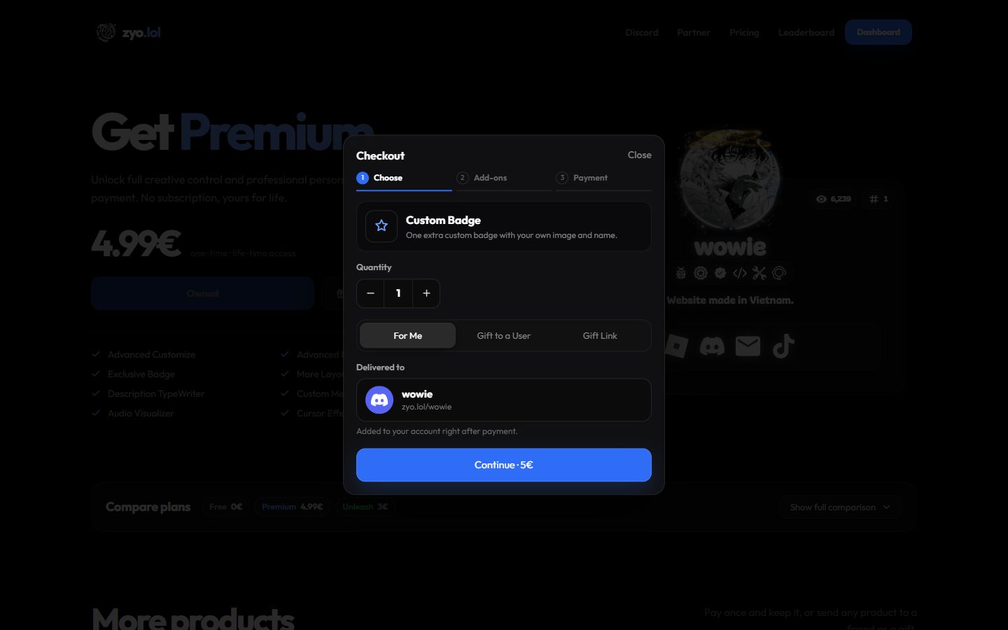 Checkout on the Choose step with quantity and For Me selected