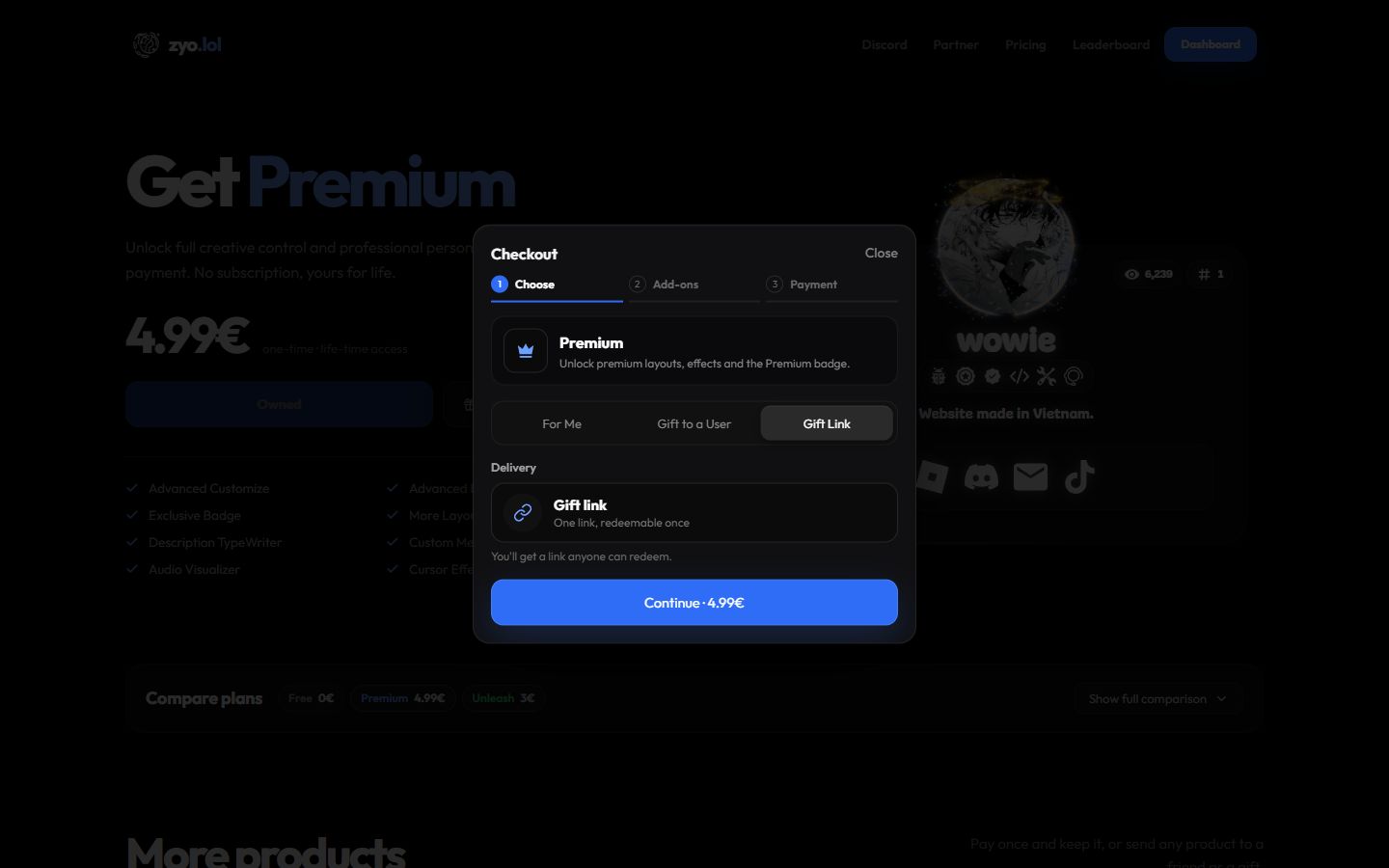 Checkout with Gift Link selected