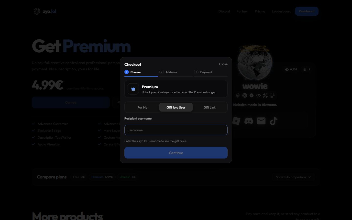 Checkout with Gift to a User selected and the recipient username field