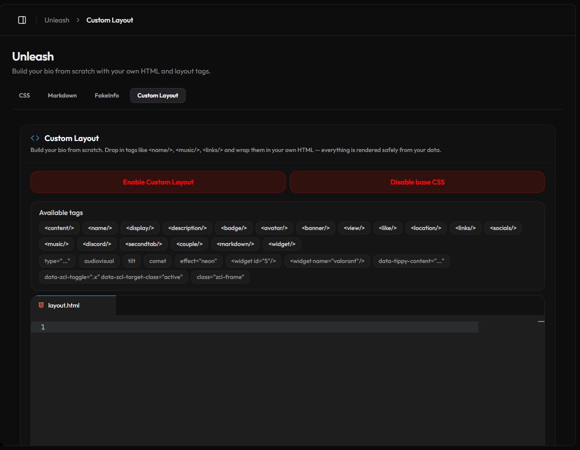 The Custom Layout editor with the available tags above it