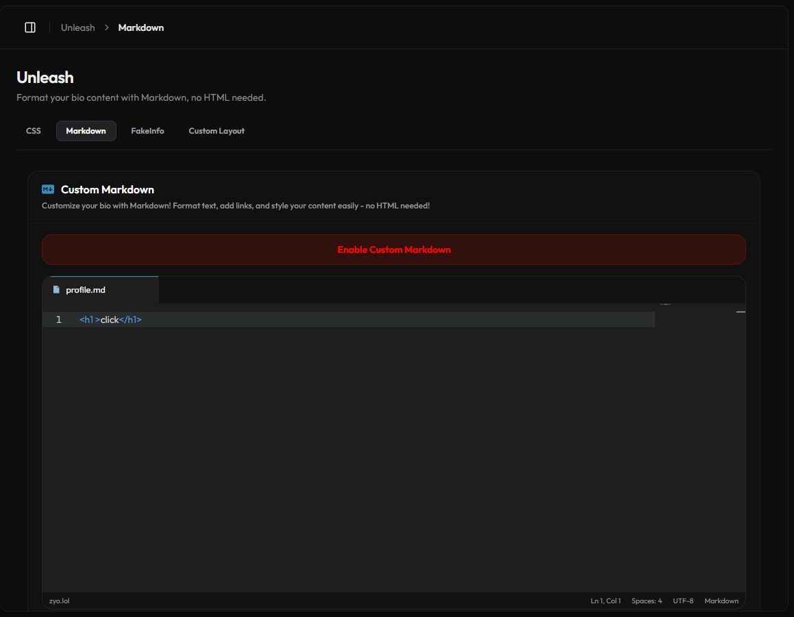 The Custom Markdown page with the profile.md editor