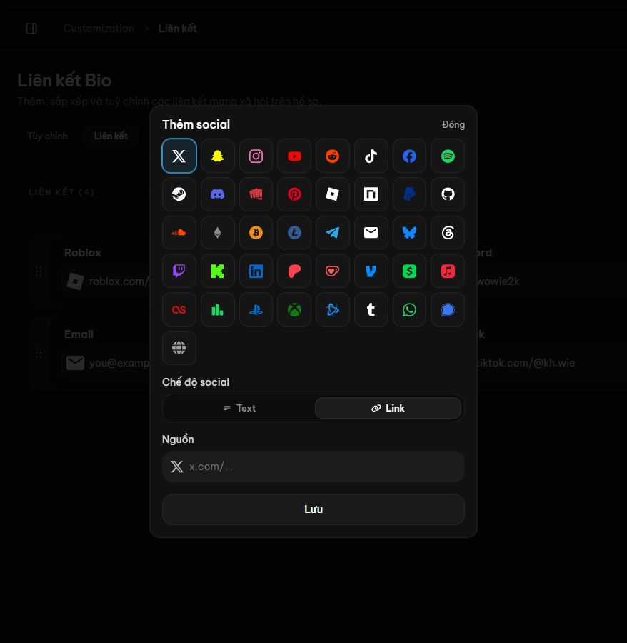 Cửa sổ Thêm social với các icon nền tảng, Chế độ social và Nguồn
