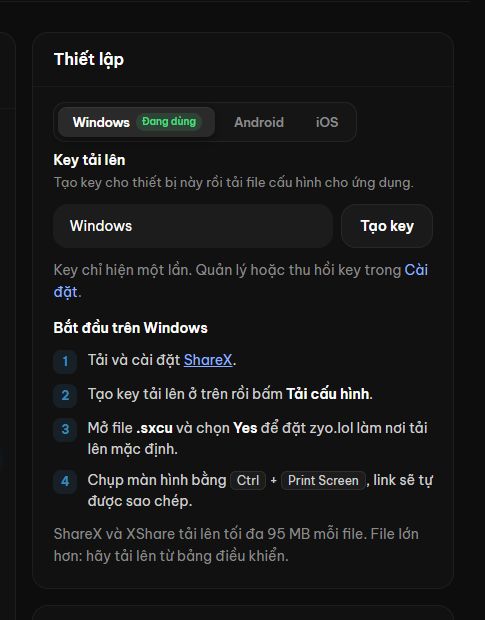Thẻ Thiết lập trong cài đặt Image Host