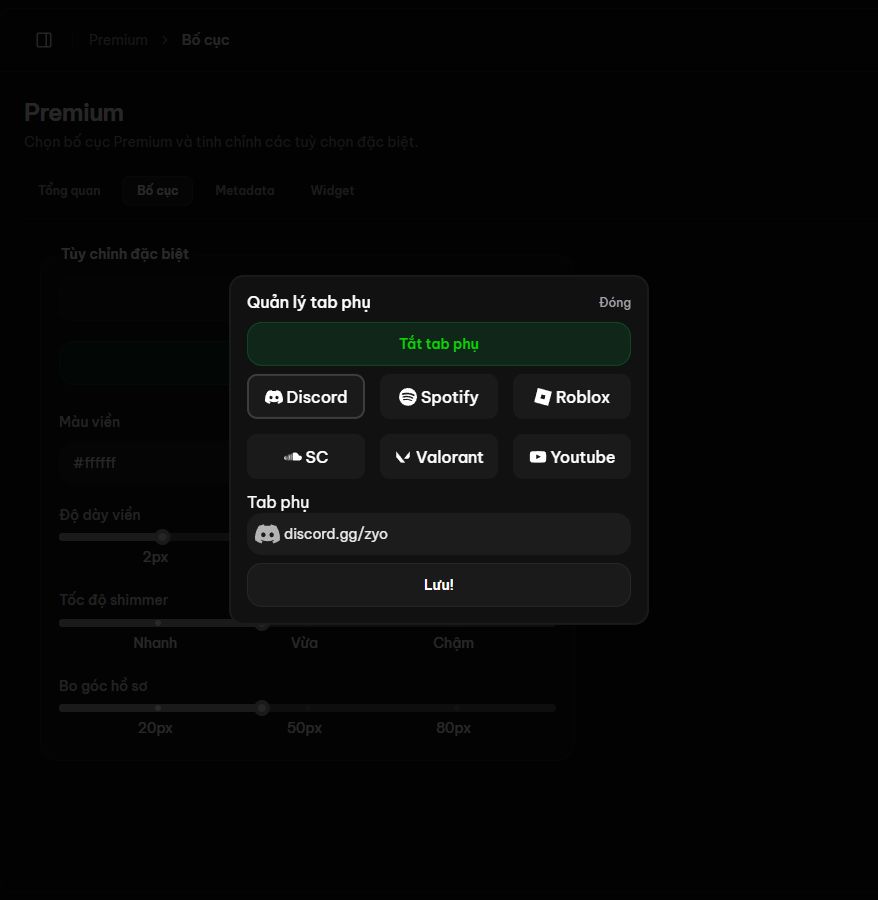 Popup Quản lý tab phụ với sáu dịch vụ