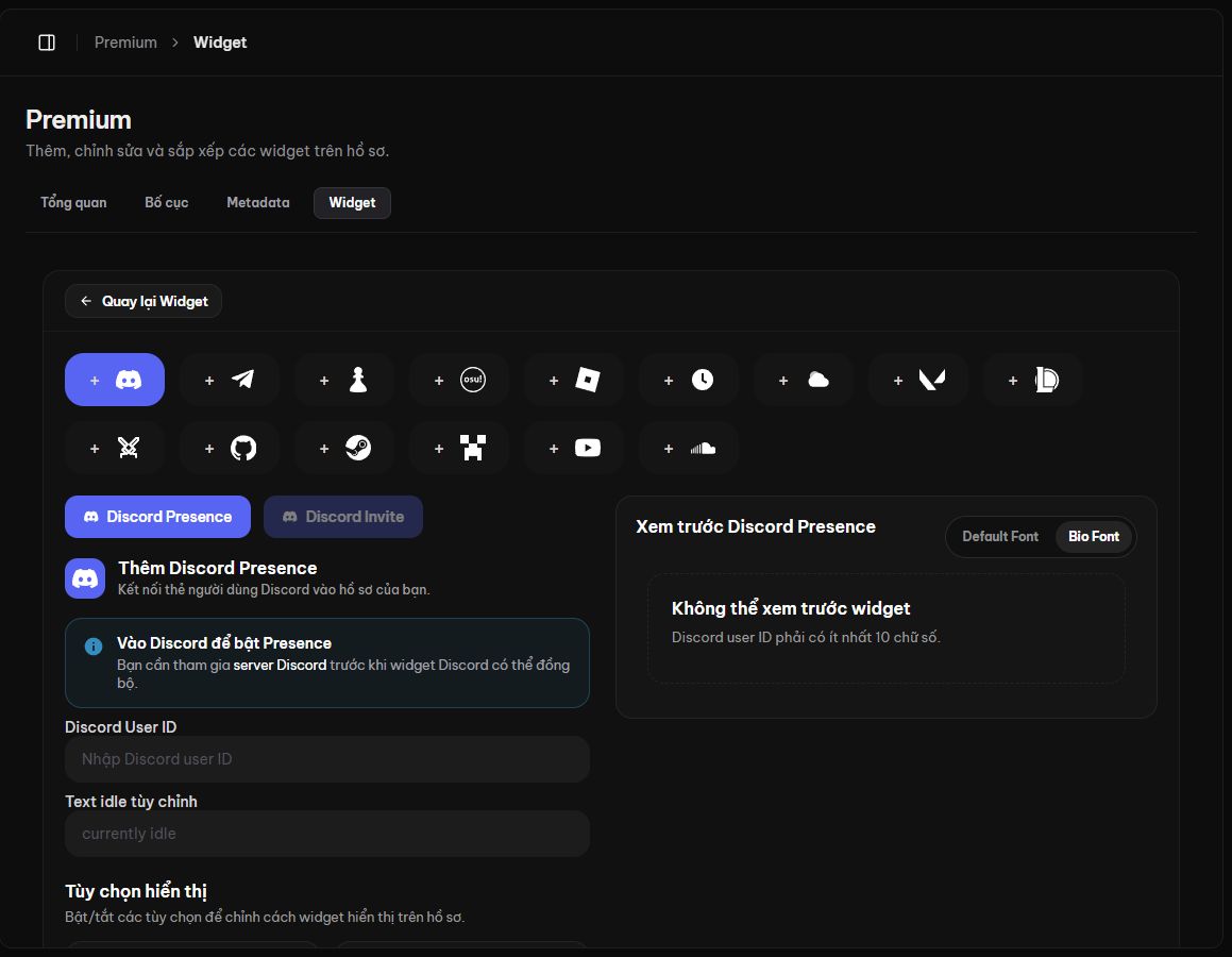 Trình tạo widget với các biểu tượng dịch vụ và phần xem trước