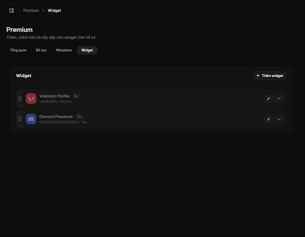 Danh sách widget với nút Thêm widget