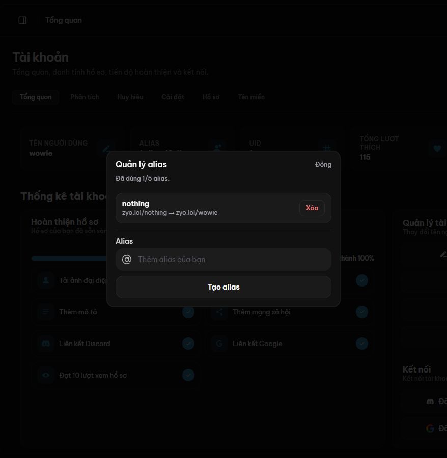 Popup Quản lý alias với một alias và nút Tạo alias